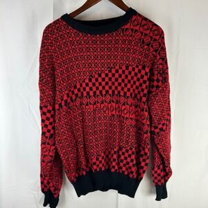 VTG Michael Gerald Red Black Checkerboard Geometric Knit Sweater Mens‎ Large